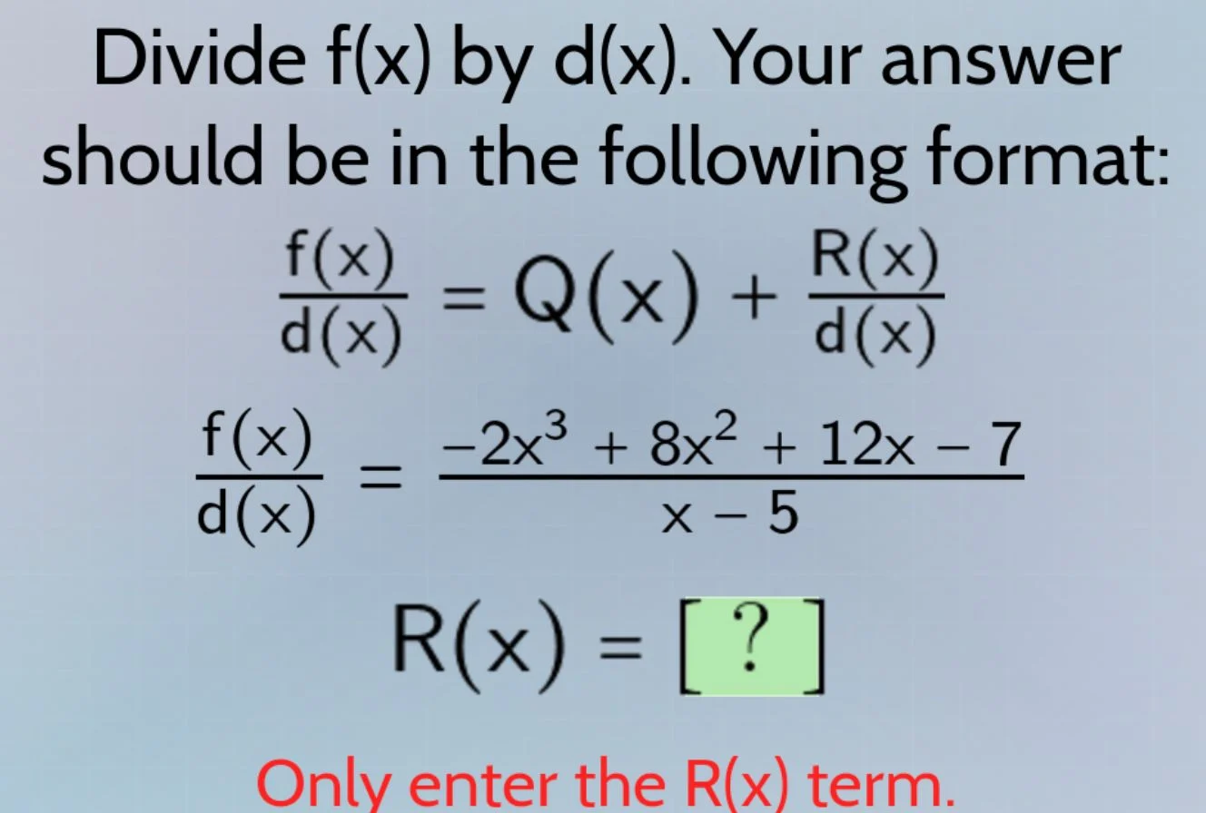 divide f(x) by d(x). your answer should be in the following format: \\(…