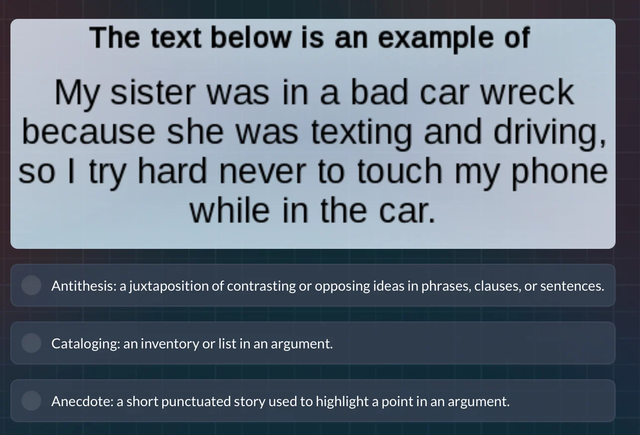 the text below is an example of my sister was in a bad car wreck becaus…