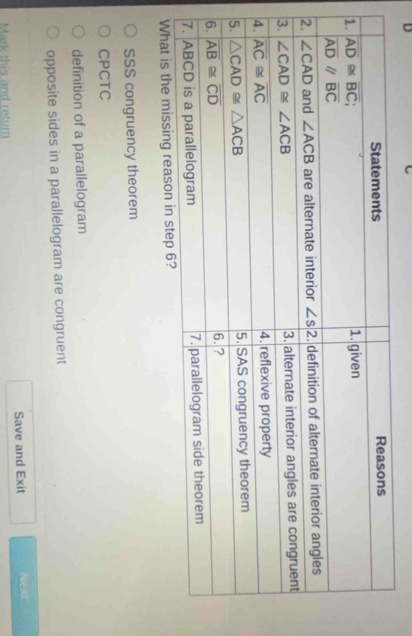 what is the missing reason in step 6? statements\treasons 1. \\(\\overl…