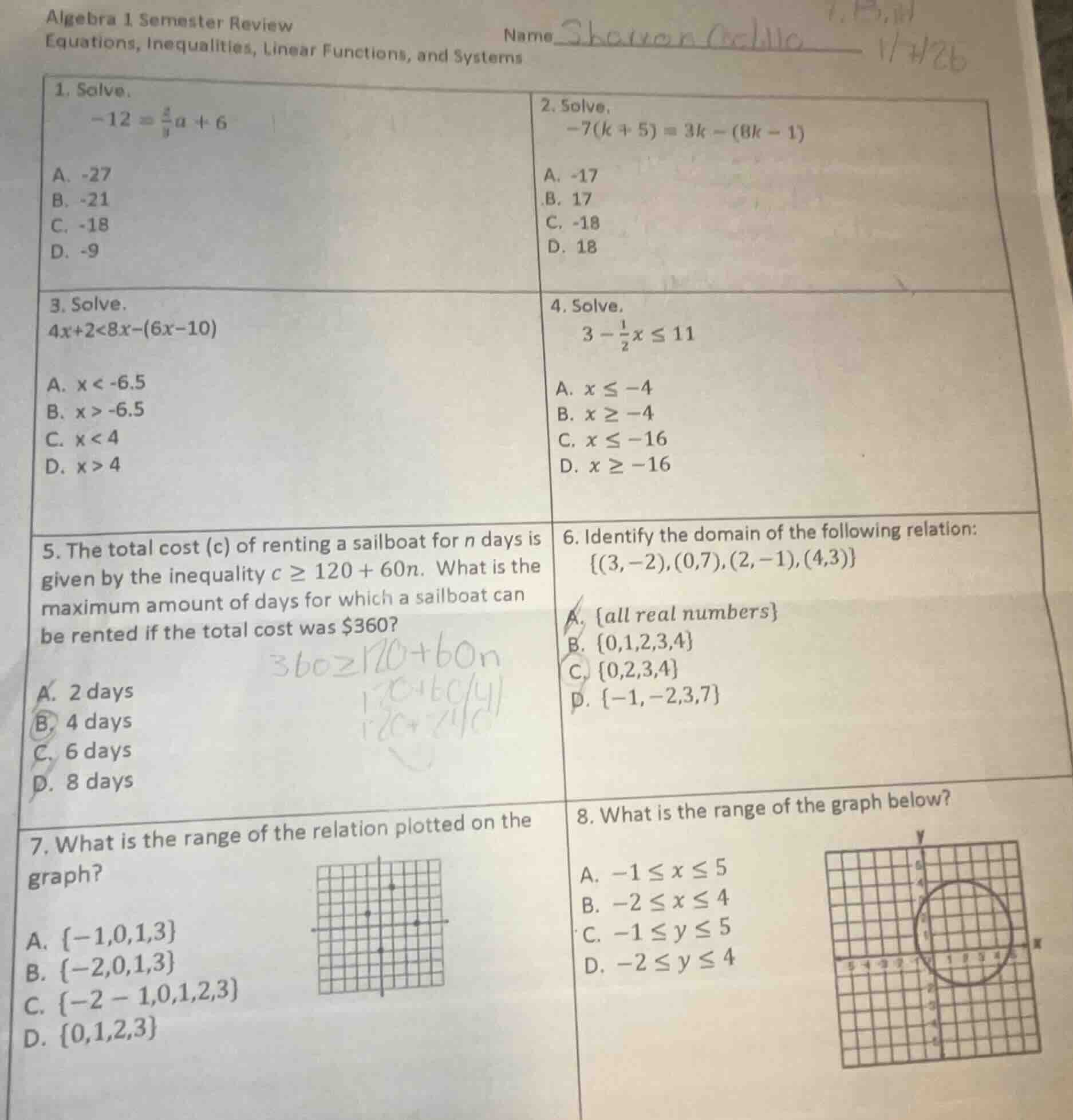 algebra 1 semester review equations, inequalities, linear functions, an…