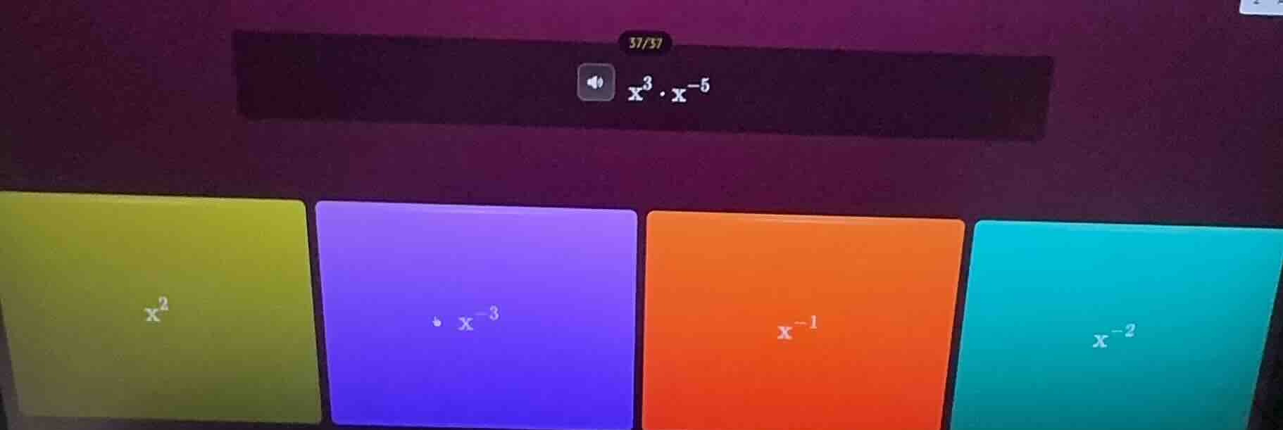 x³·x⁻⁵, options: x², x⁻³, x⁻¹, x⁻²