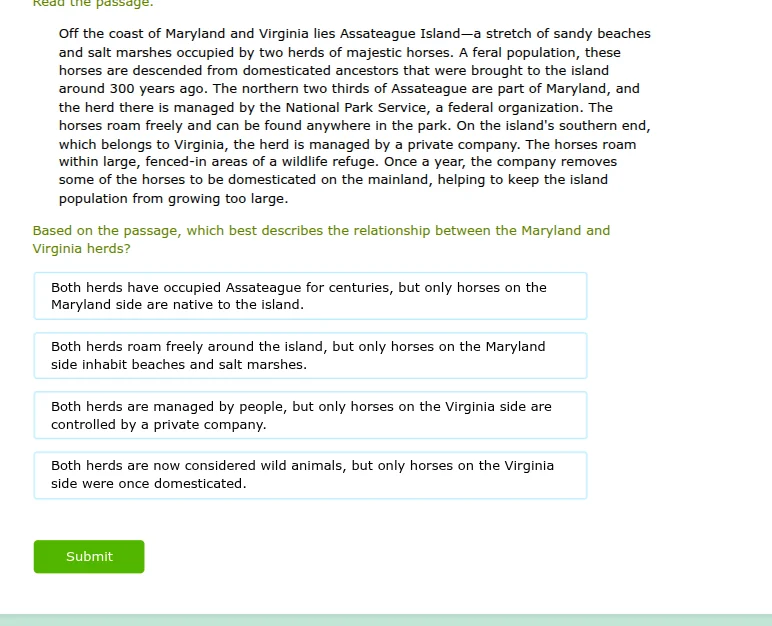 read the passage. off the coast of maryland and virginia lies assateagu…