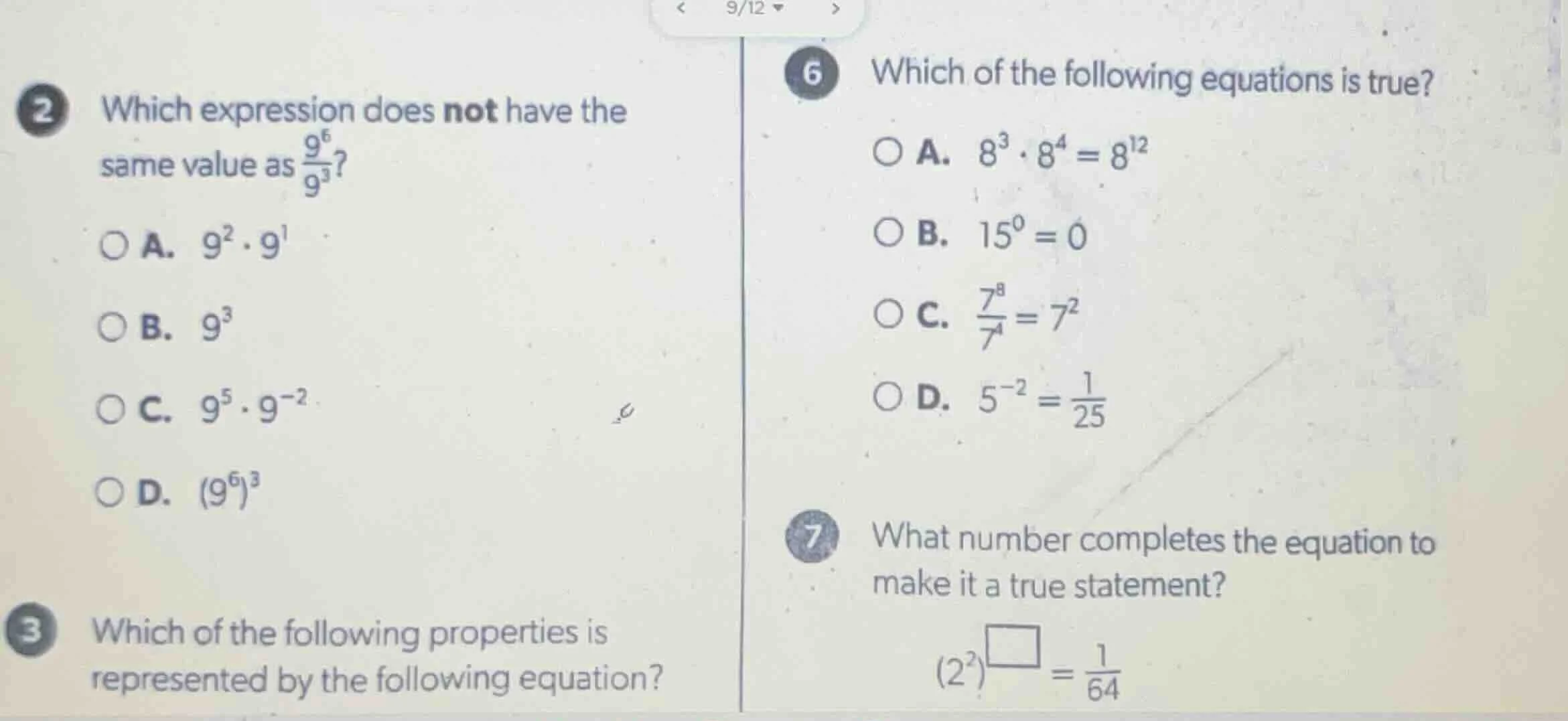 2 which expression does not have the same value as \\(\\frac{9^6}{9^3}\…