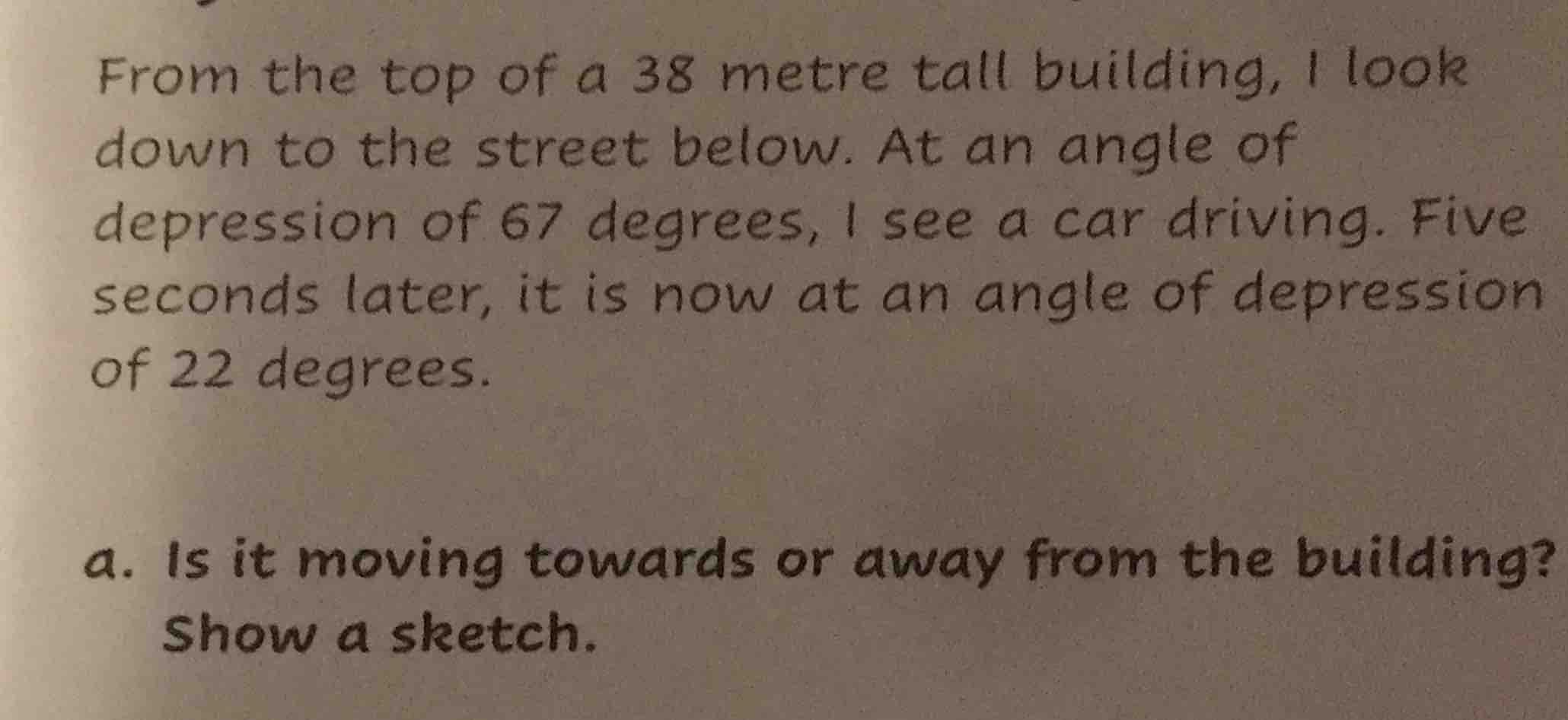 from the top of a 38 metre tall building, i look down to the street bel…