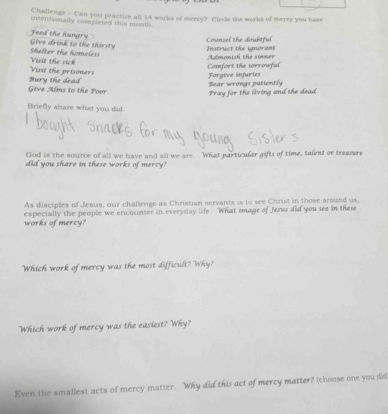 challenge - can you practice all 14 works of mercy? circle the works of…