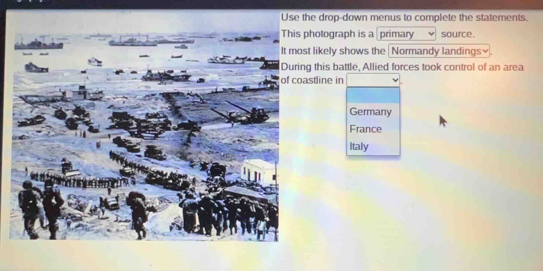 use the drop-down menus to complete the statements. this photograph is …