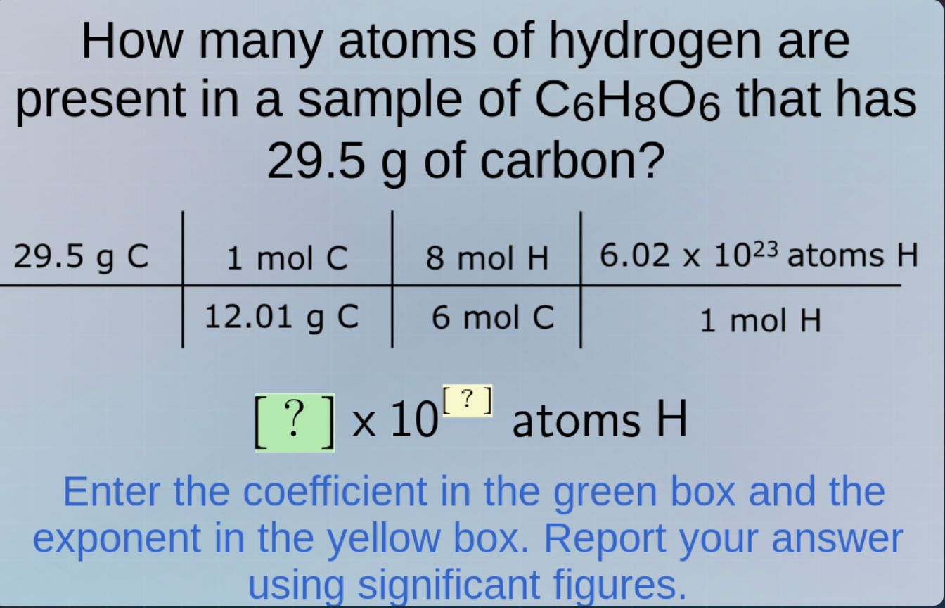 how many atoms of hydrogen are present in a sample of c₆h₈o₆ that has 2…