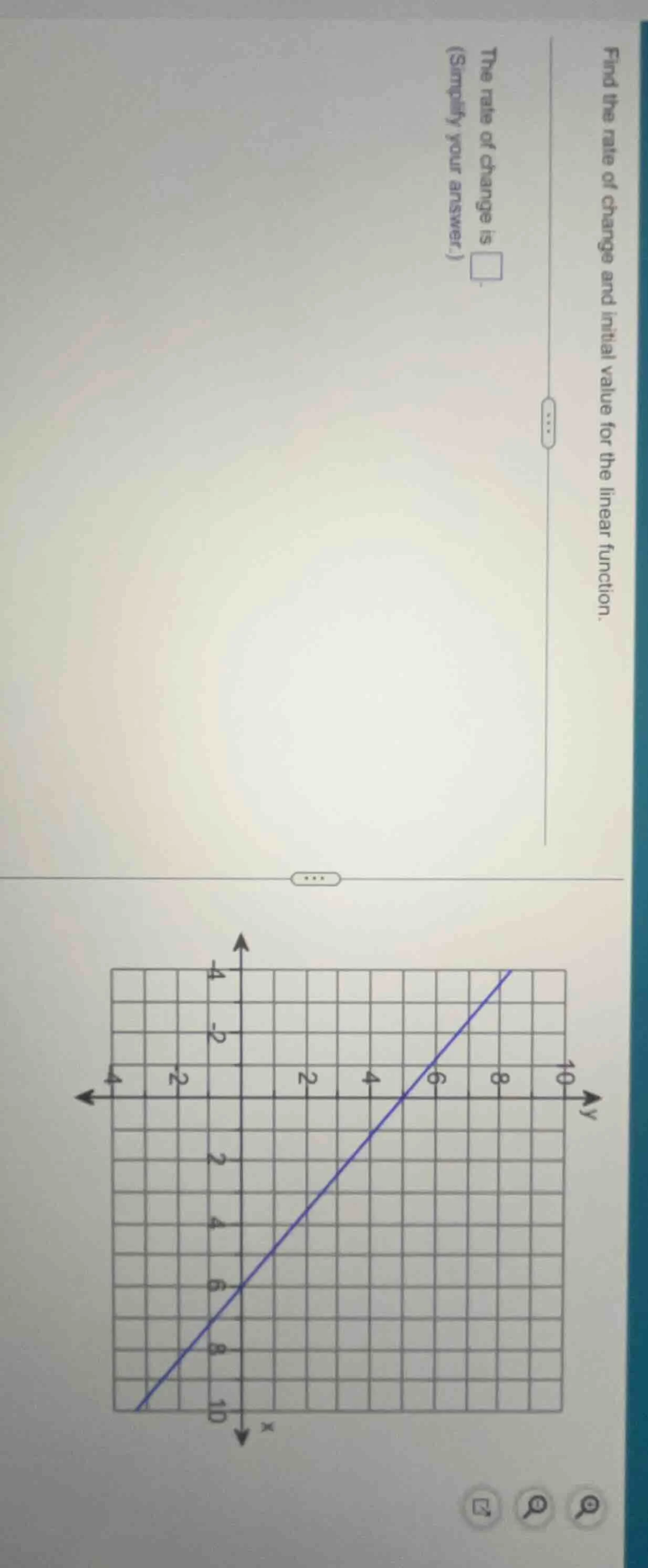 find the rate of change and initial value for the linear function. the …