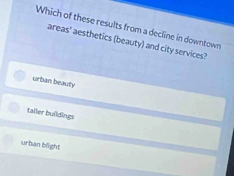 which of these results from a decline in downtown areas aesthetics (bea…
