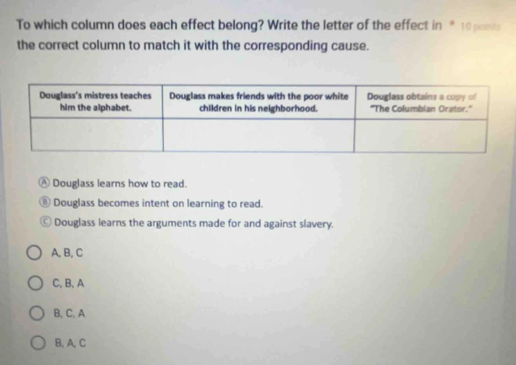to which column does each effect belong? write the letter of the effect…