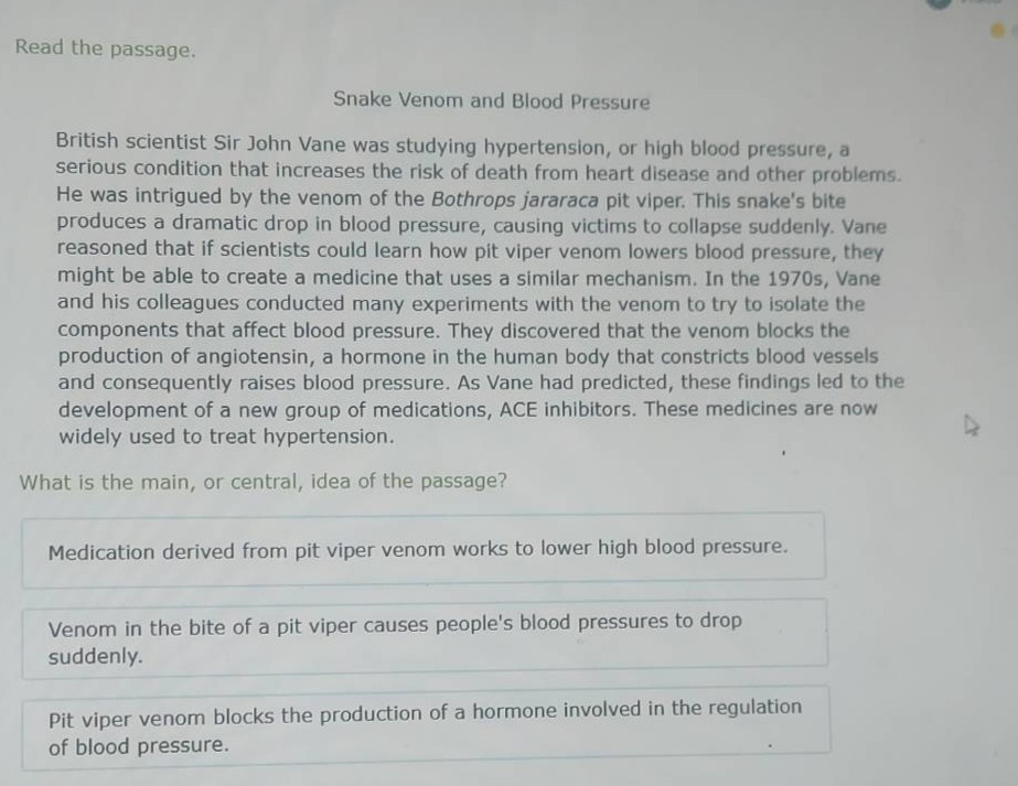 read the passage. snake venom and blood pressure british scientist sir …