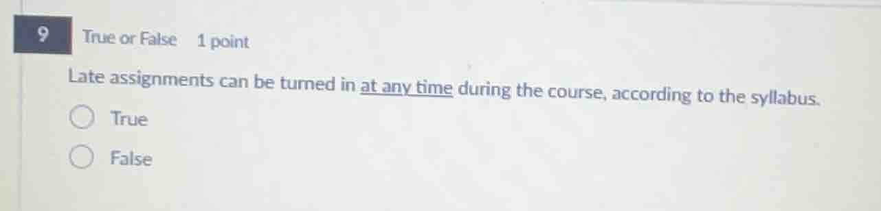 9 true or false 1 point late assignments can be turned in at any time d…