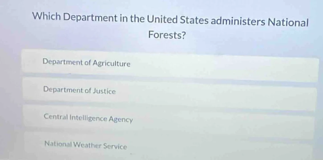 which department in the united states administers national forests? dep…