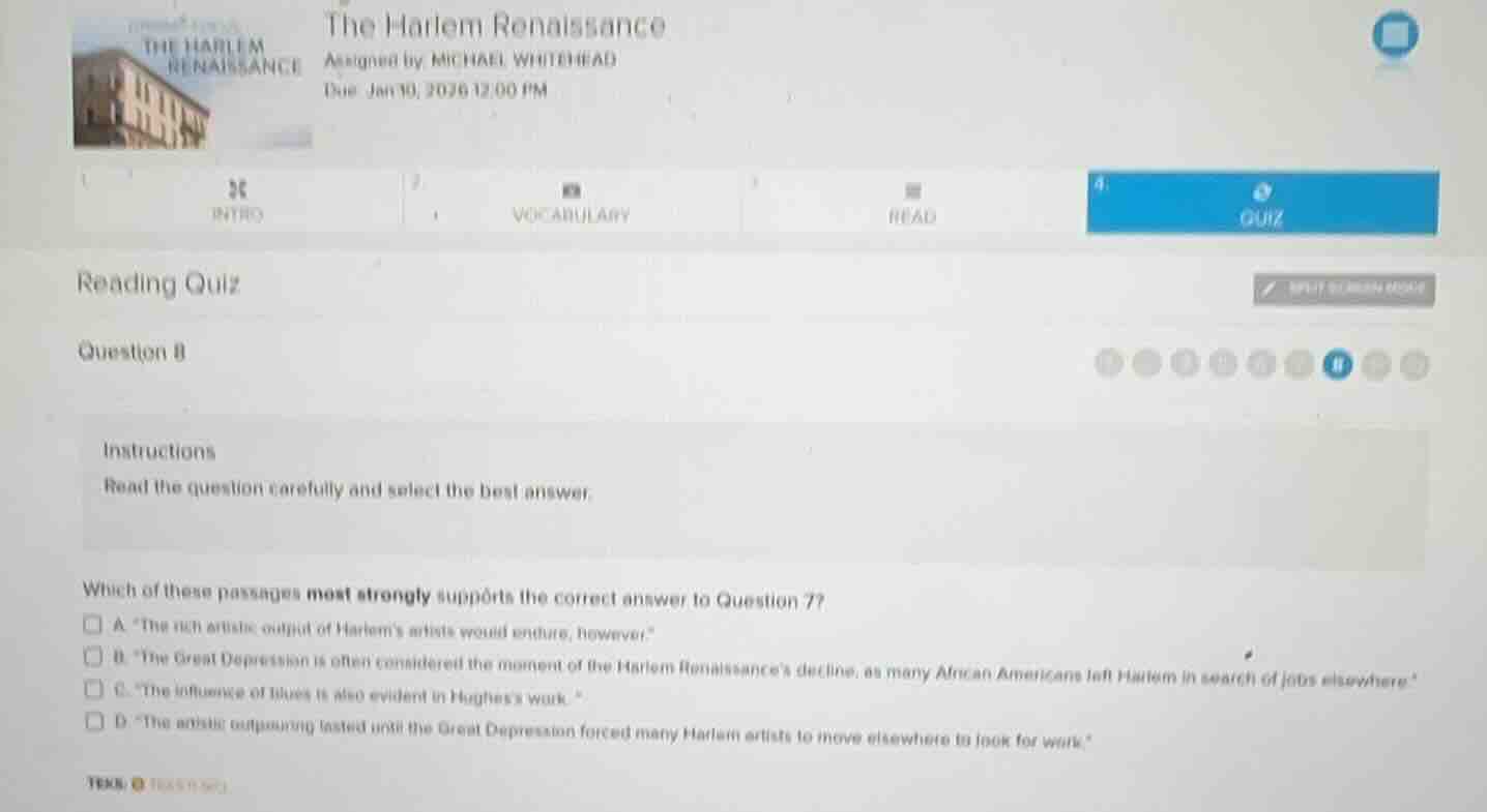 the harlem renaissance assigned by michael whitehead due: jan 30, 2036 …