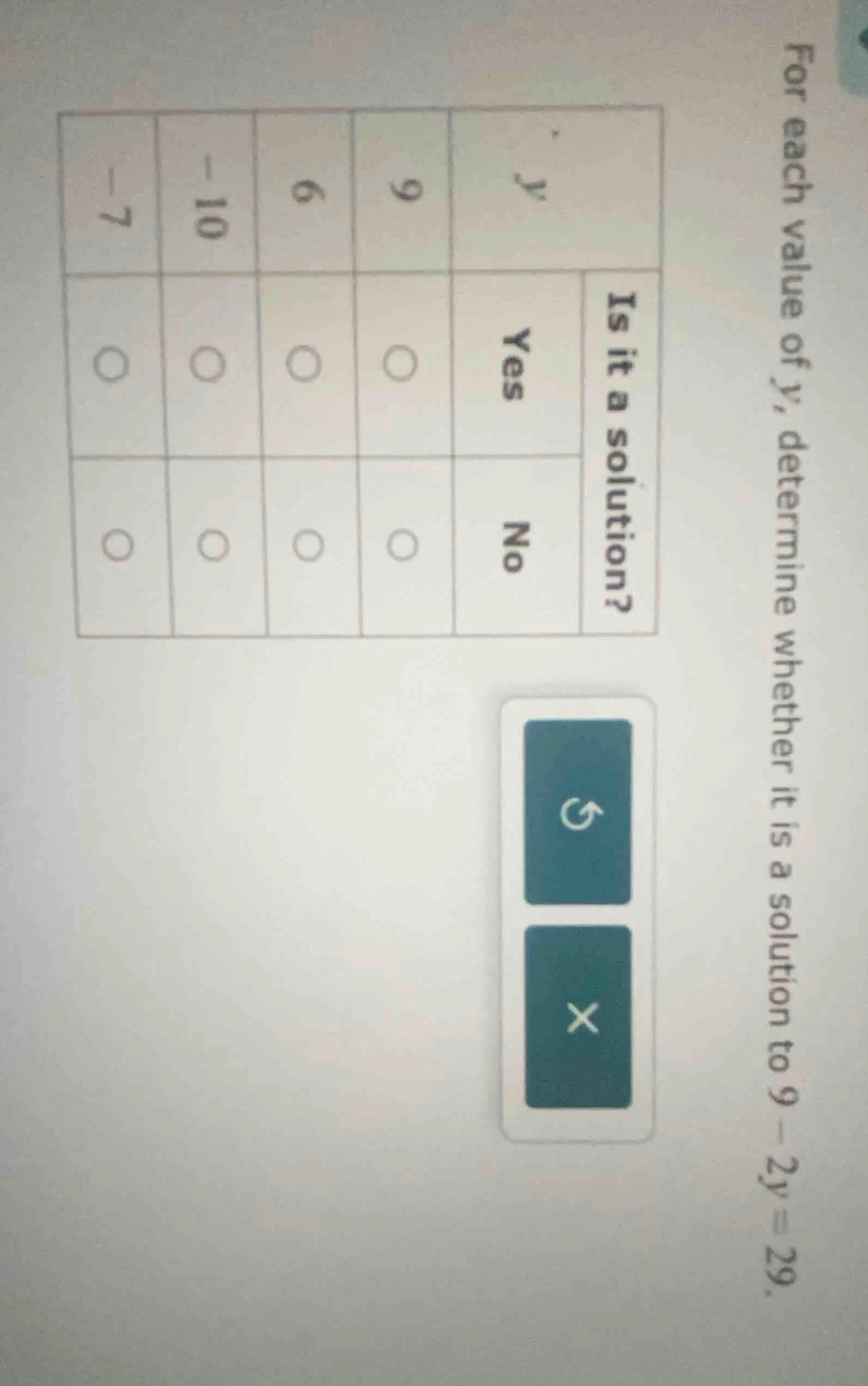 for each value of y, determine whether it is a solution to 9 - 2y = 29.…