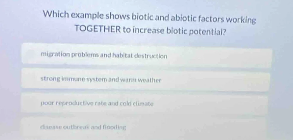 which example shows biotic and abiotic factors working together to incr…
