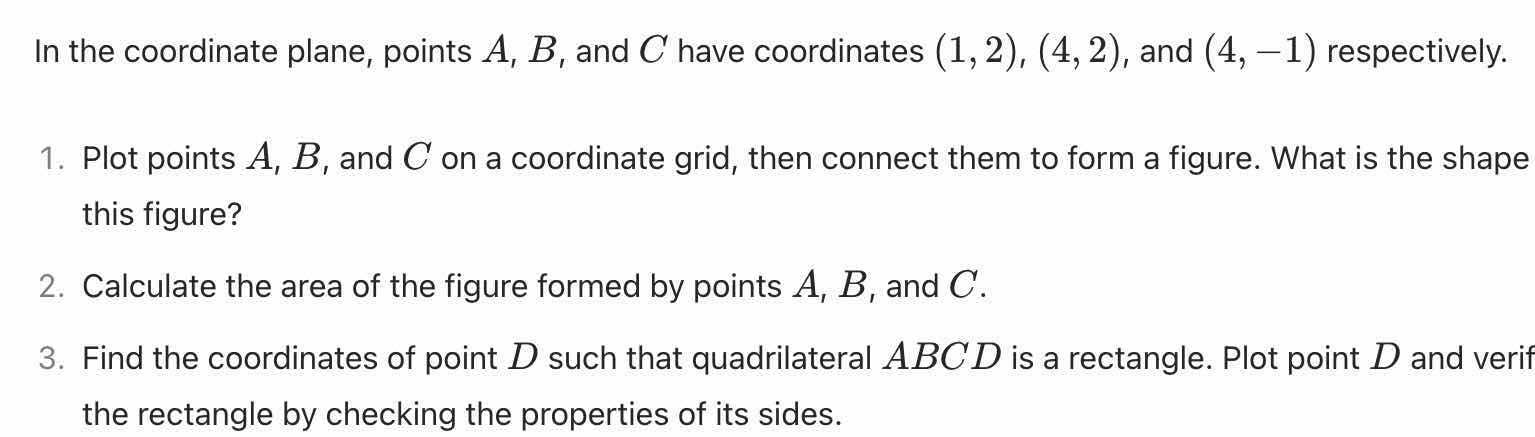 in the coordinate plane, points a, b, and c have coordinates (1,2), (4,…