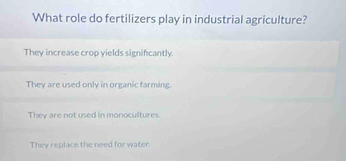 what role do fertilizers play in industrial agriculture? they increase …