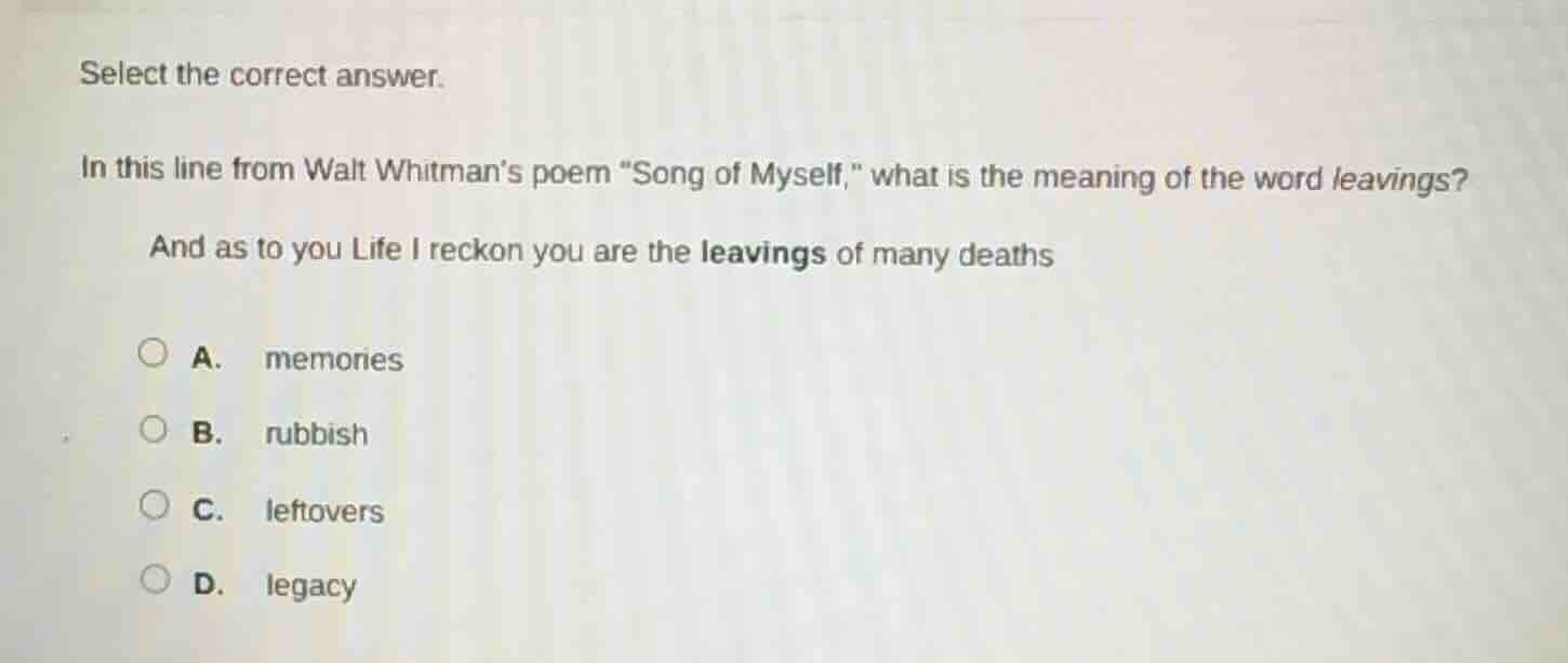 select the correct answer. in this line from walt whitman’s poem “song …