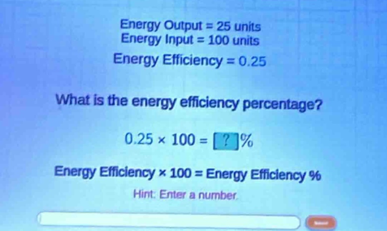 energy output = 25 units energy input = 100 units energy efficiency = 0…