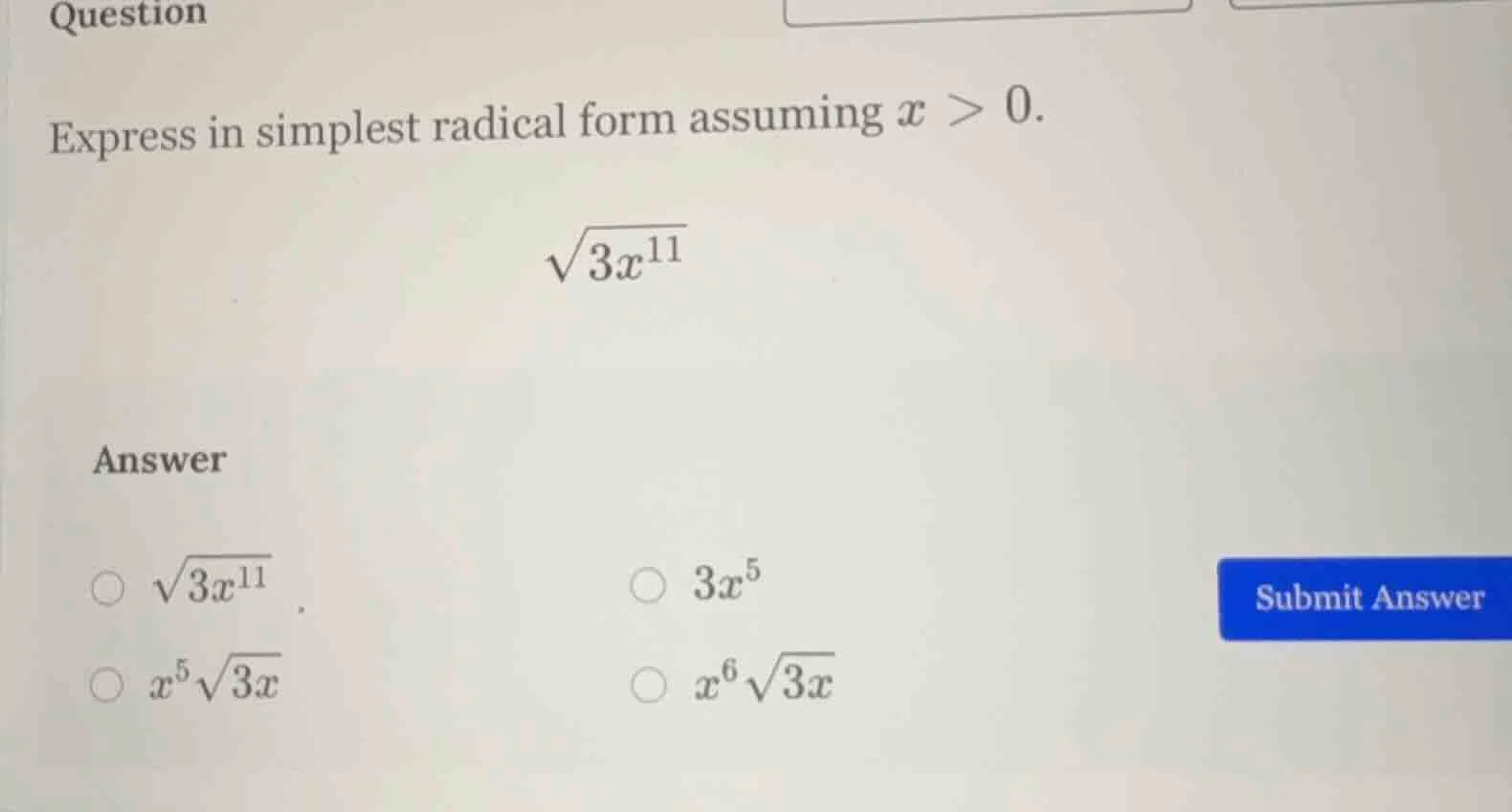 question express in simplest radical form assuming $x > 0$. \\(\\sqrt{3…