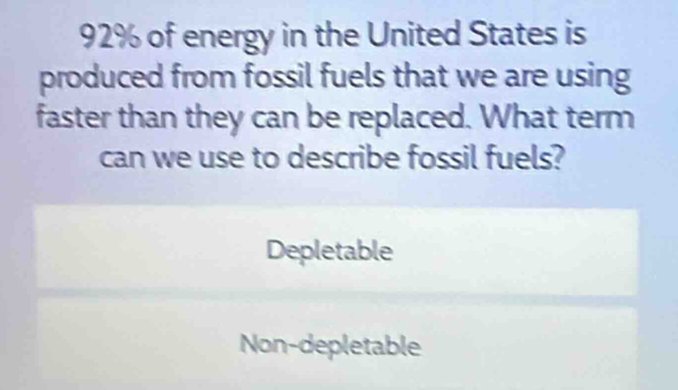 92% of energy in the united states is produced from fossil fuels that w…