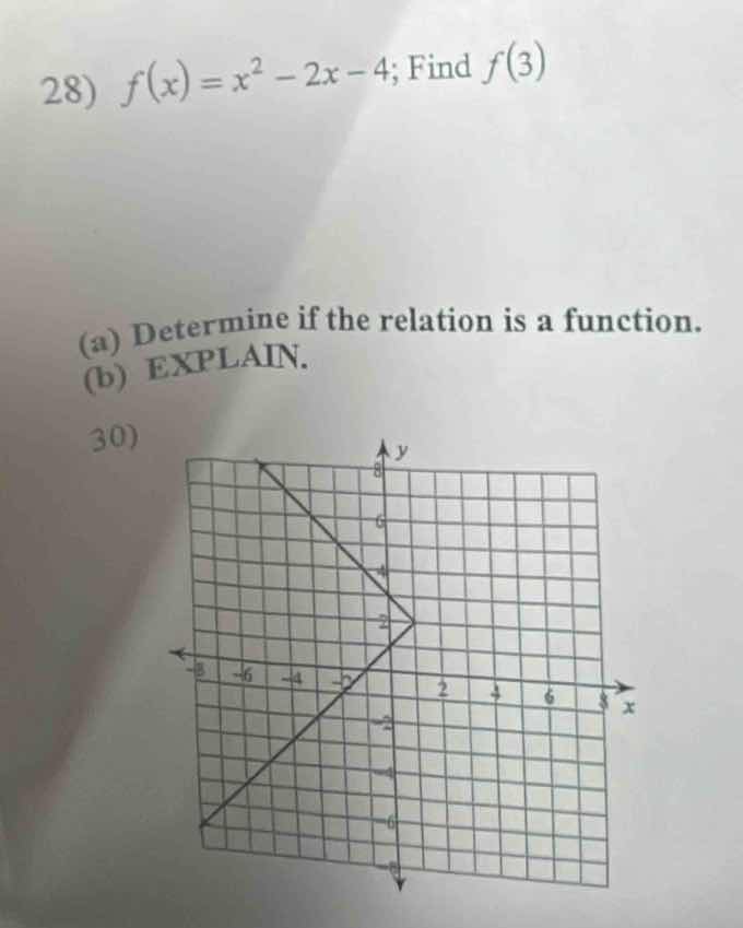 28) $f(x) = x^2 - 2x - 4$; find $f(3)$ (a) determine if the relation is…