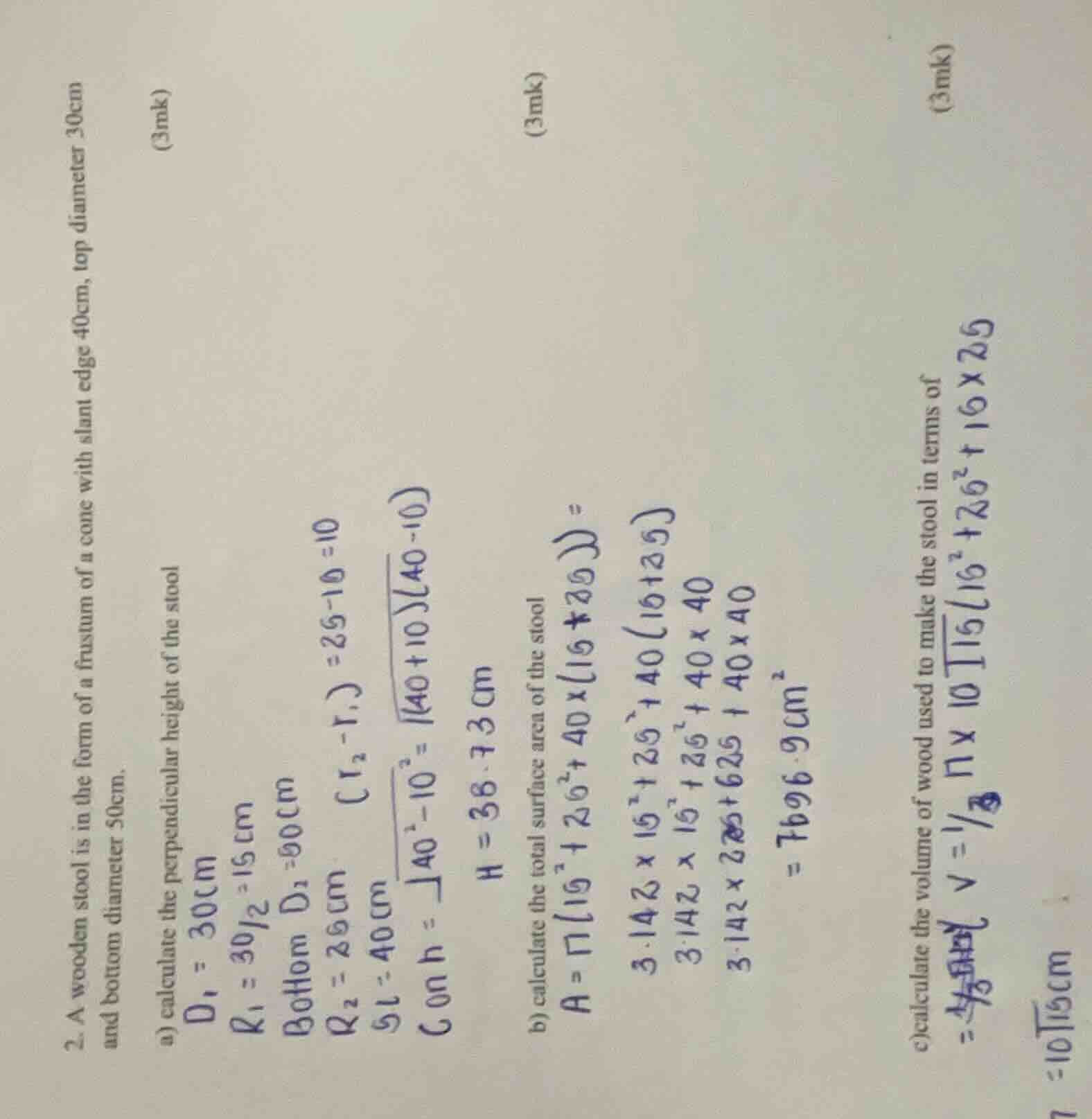 2. a wooden stool is in the form of a frustum of a cone with slant edge…