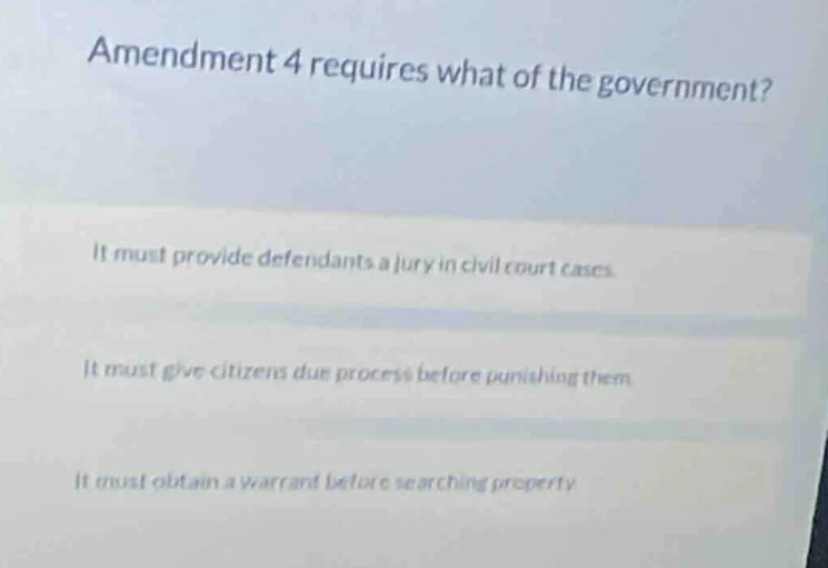 amendment 4 requires what of the government? it must provide defendants…