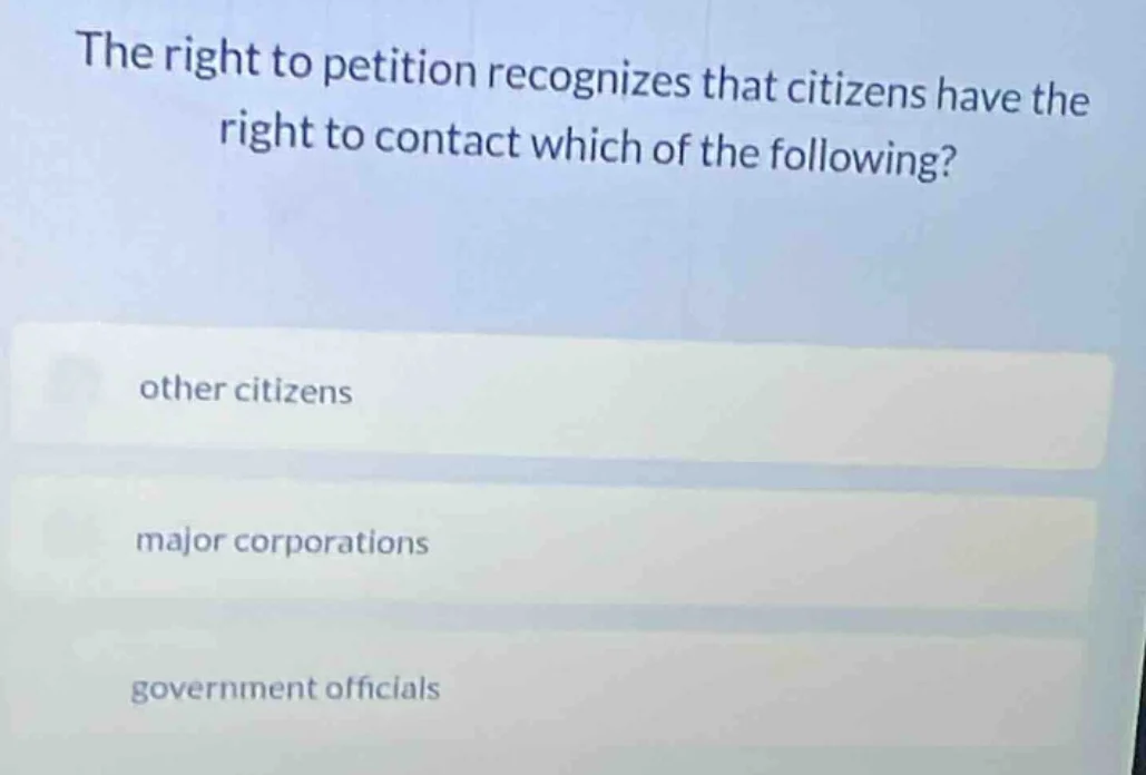 the right to petition recognizes that citizens have the right to contac…