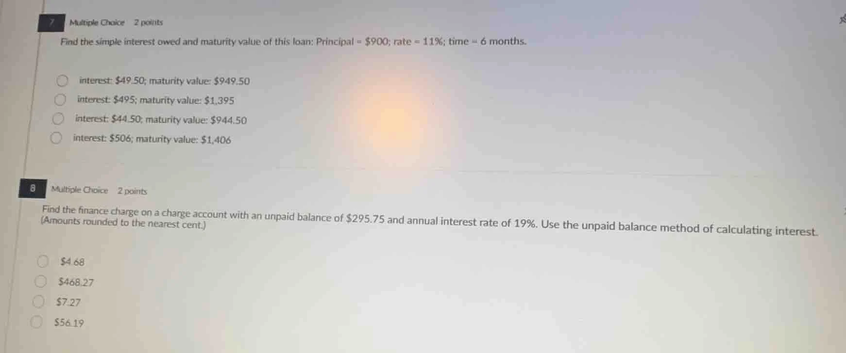 7 multiple choice 2 points find the simple interest owed and maturity v…