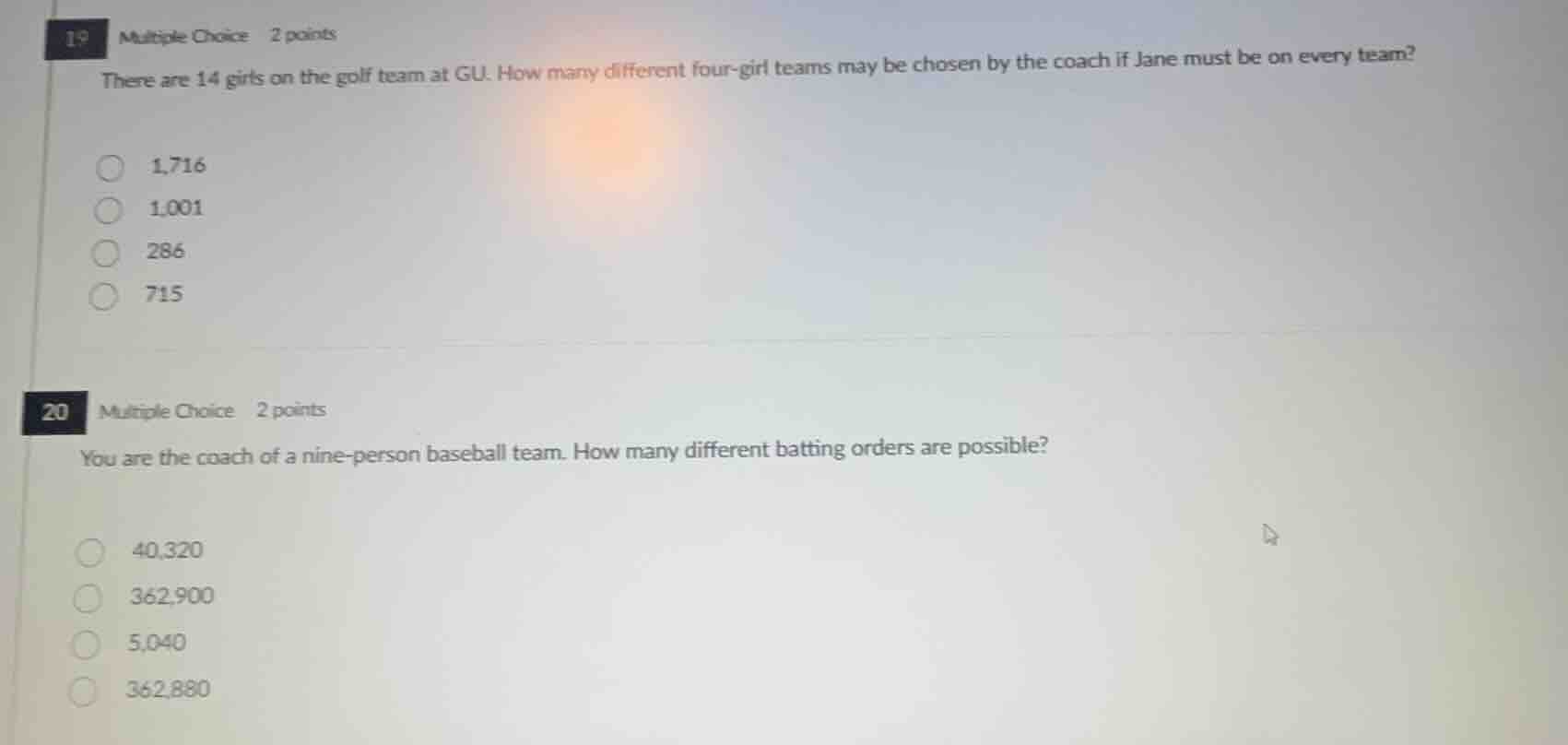 19 multiple choice 2 points there are 14 girls on the golf team at gu. …