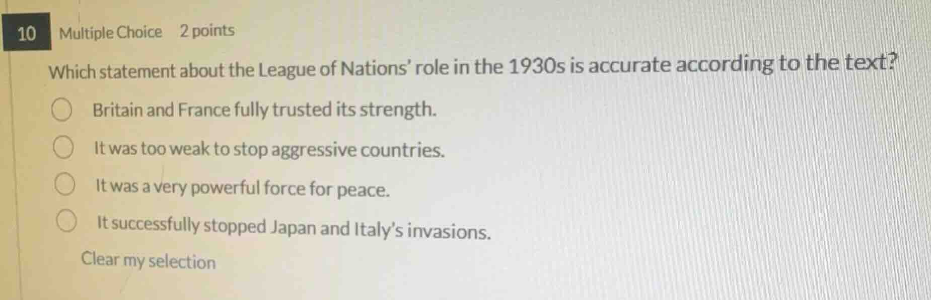 10 multiple choice 2 points which statement about the league of nations…