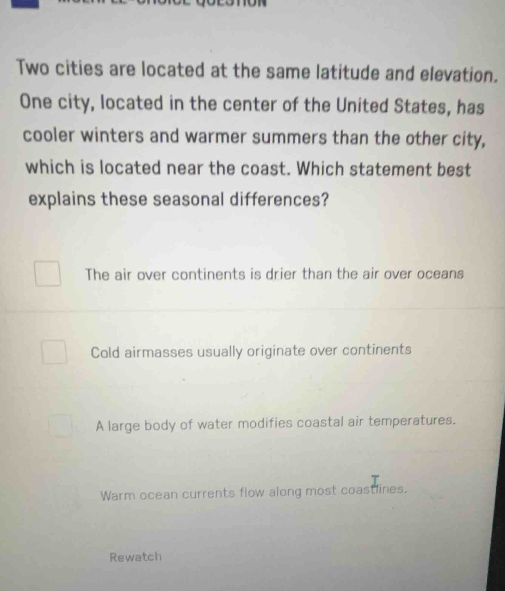 two cities are located at the same latitude and elevation. one city, lo…