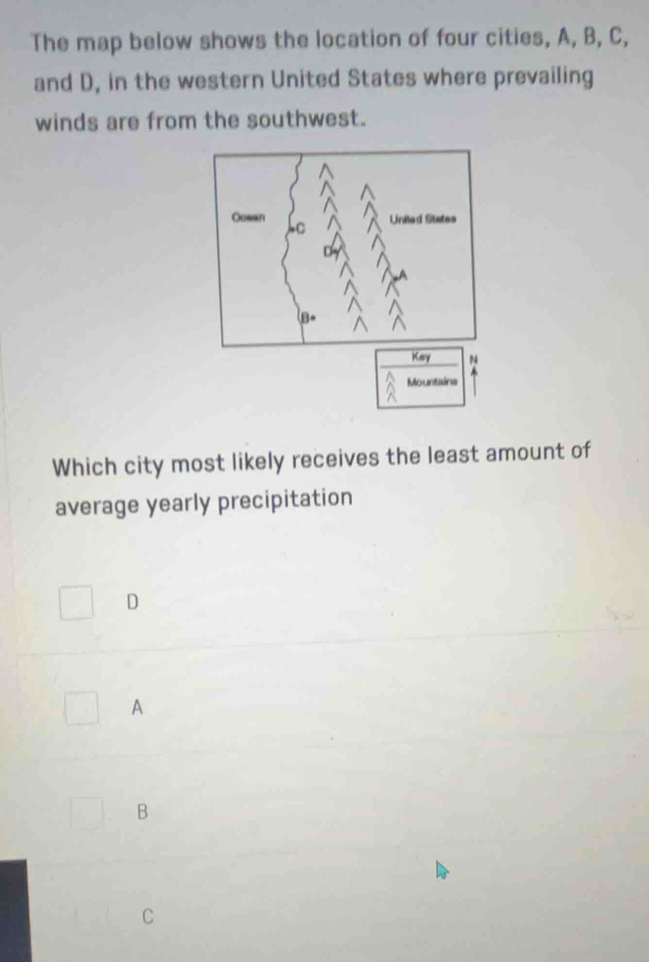 the map below shows the location of four cities, a, b, c, and d, in the…