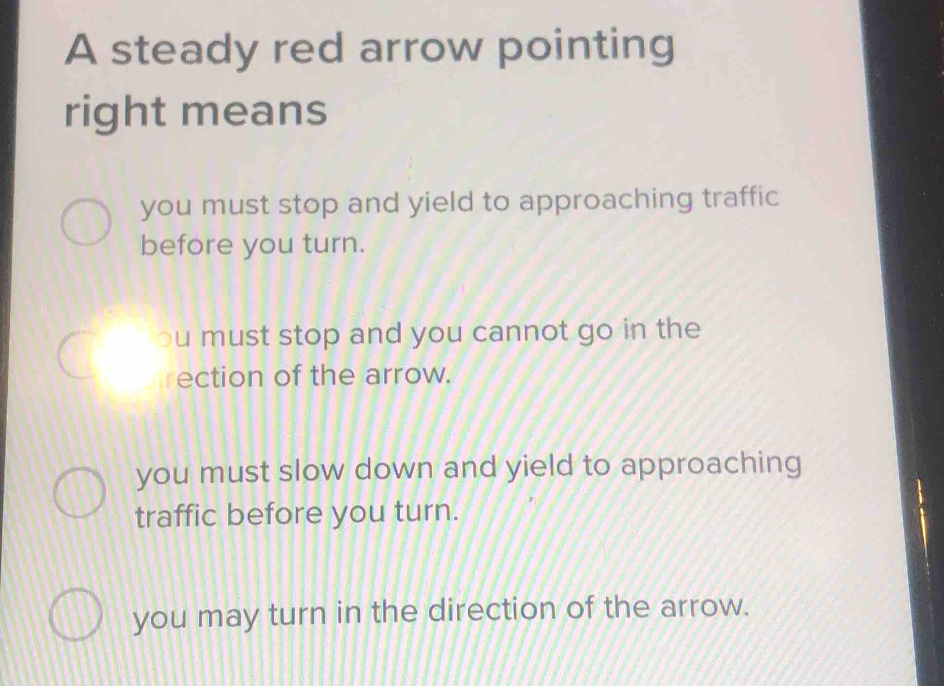 a steady red arrow pointing right means you must stop and yield to appr…