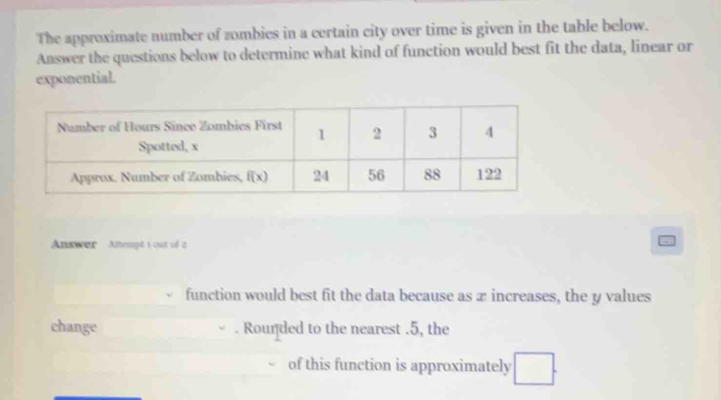 the approximate number of zombies in a certain city over time is given …
