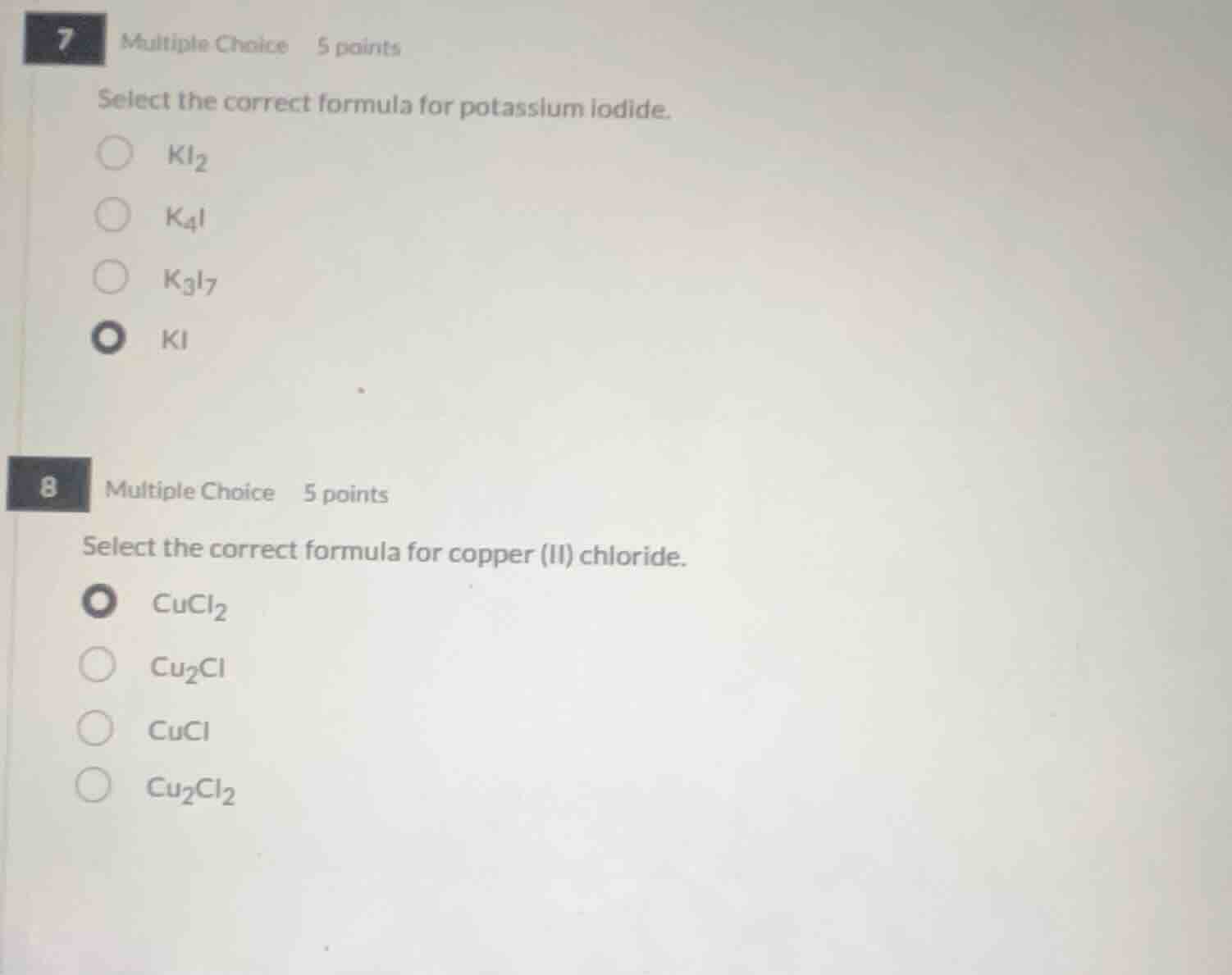 7 multiple choice 5 points select the correct formula for potassium iod…