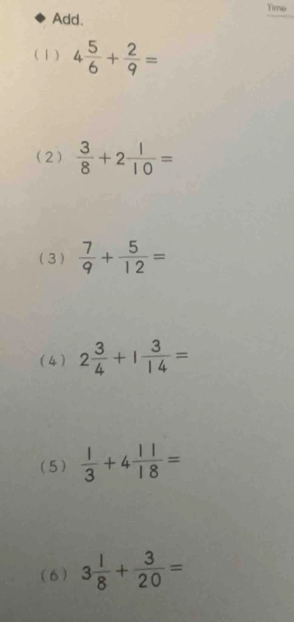 add. (1) $4\\frac{5}{6}+\\frac{2}{9}=$ (2) $\\frac{3}{8}+2\\frac{1}{10}…
