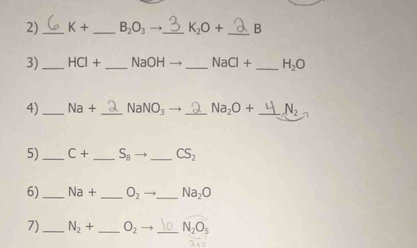 2) \\underline{6} k + \\underline{\\quad} b₂o₃ → \\underline{3} k₂o + \…