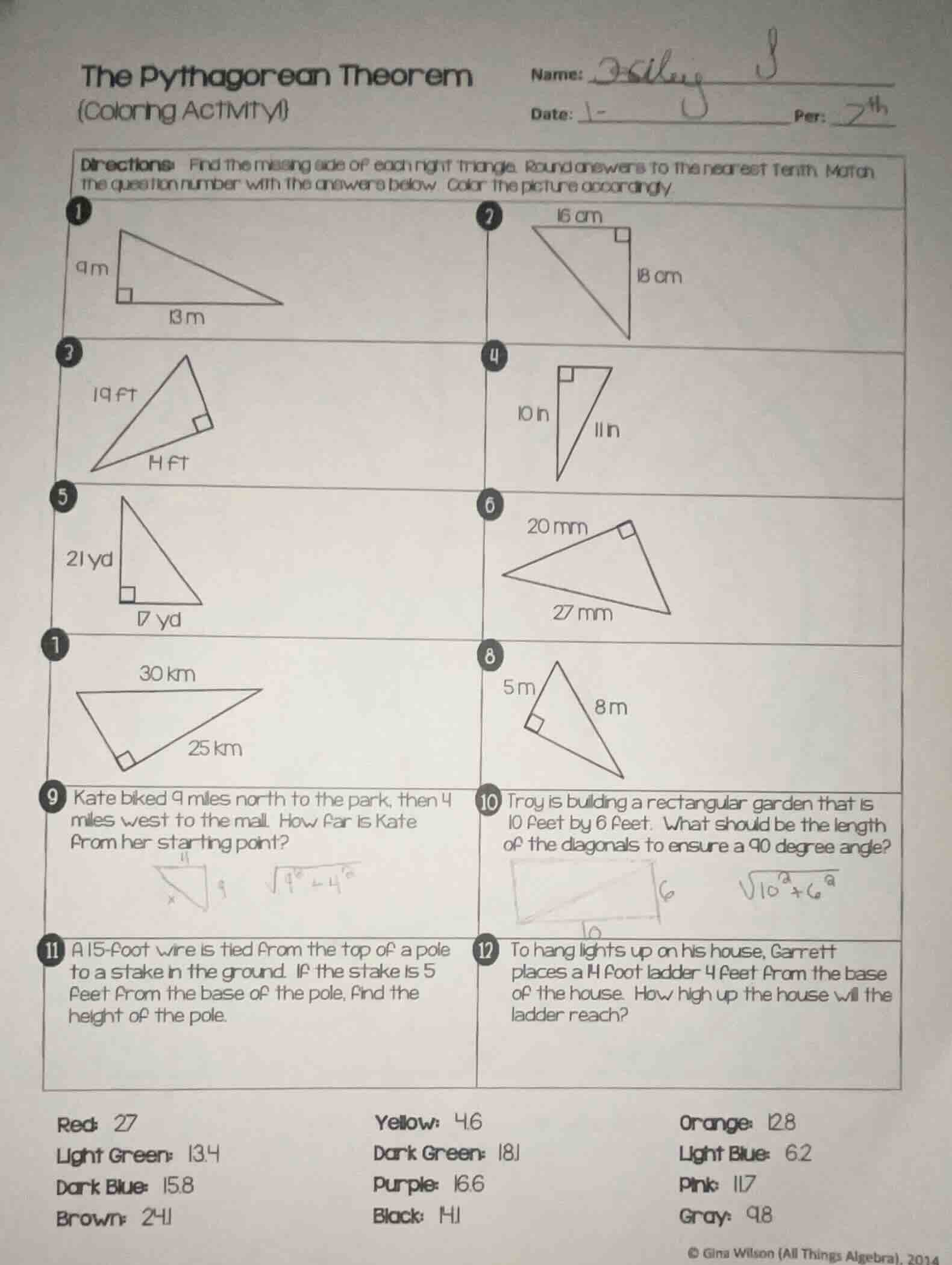 the pythagorean theorem (coloring activity) name: date: per: directions…