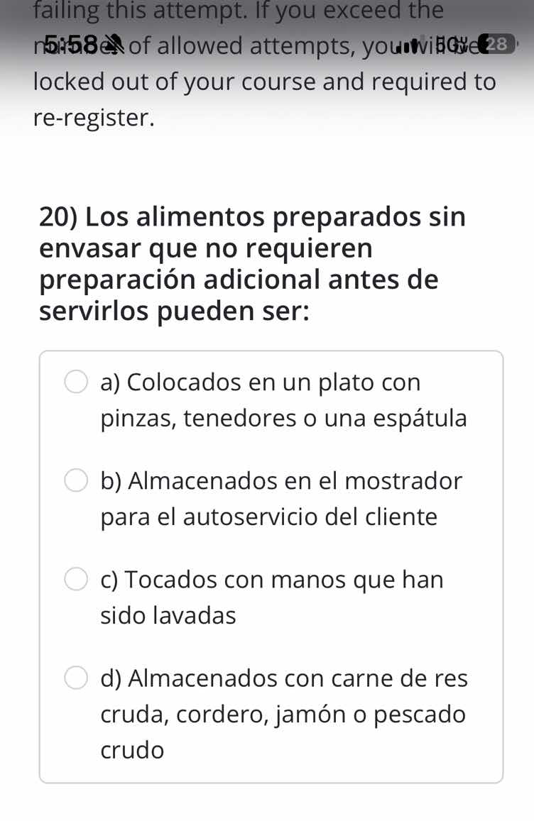 20) los alimentos preparados sin envasar que no requieren preparación a…