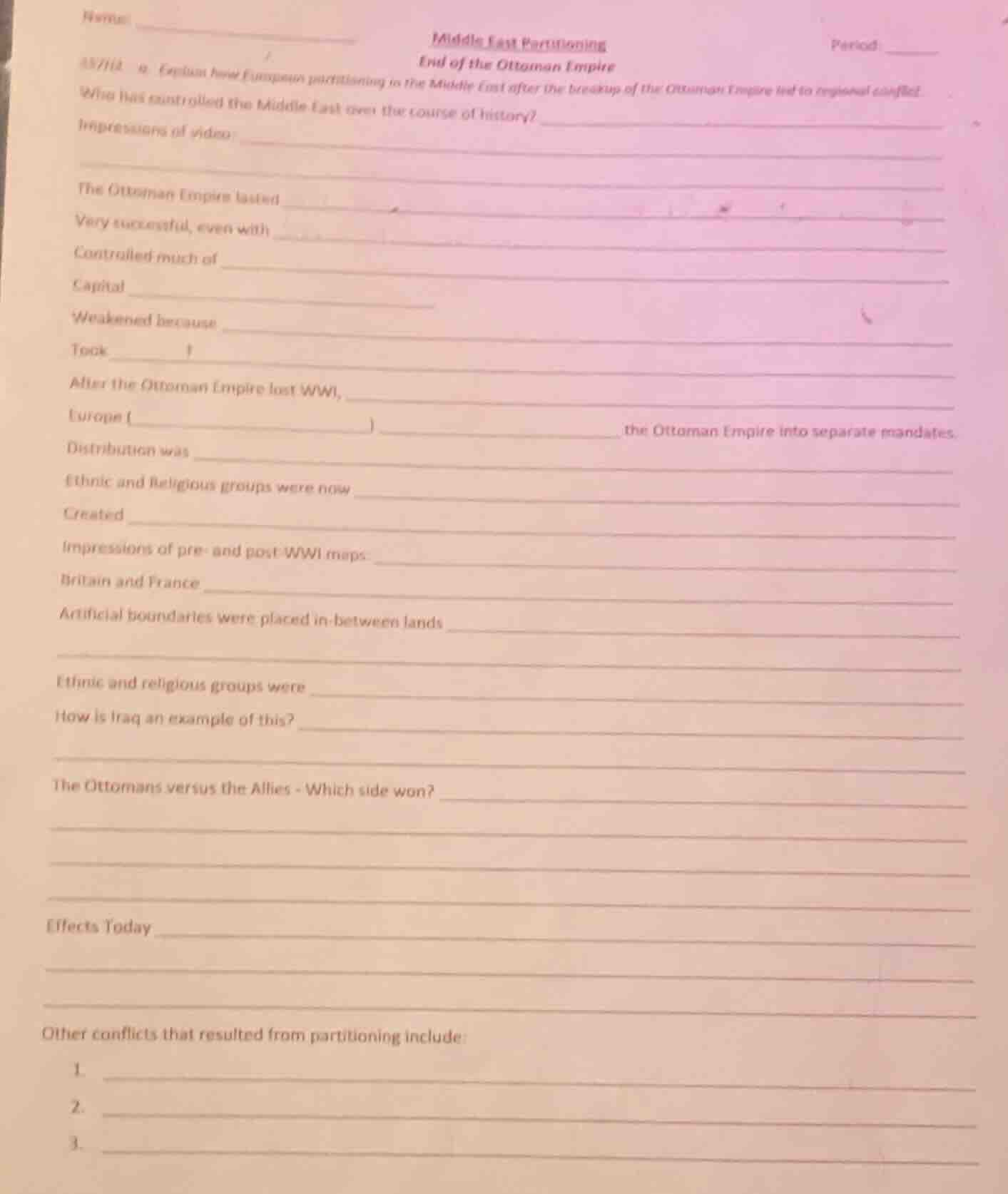 name middle east partitioning end of the ottoman empire period ss7h2 a.…
