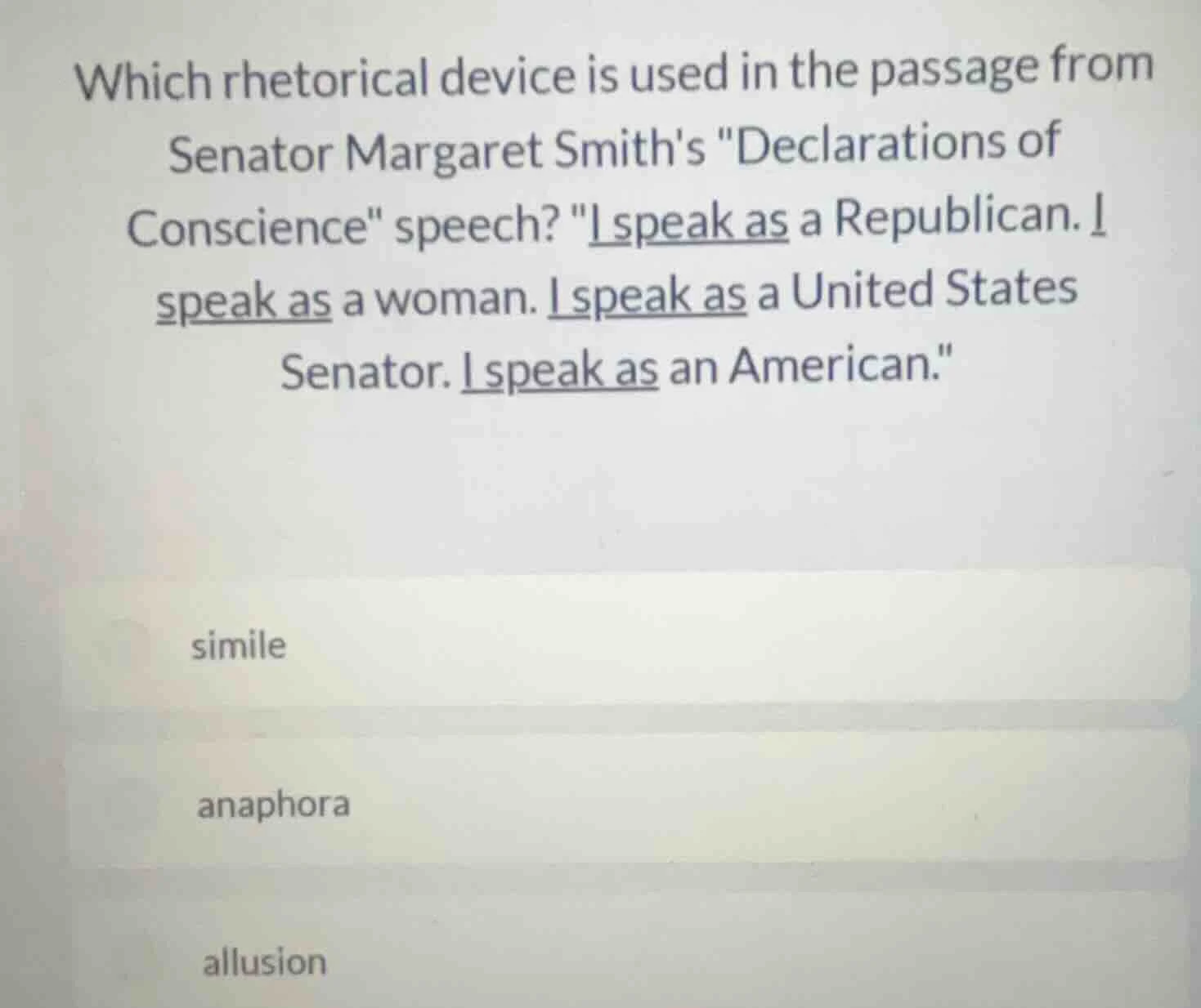 which rhetorical device is used in the passage from senator margaret sm…