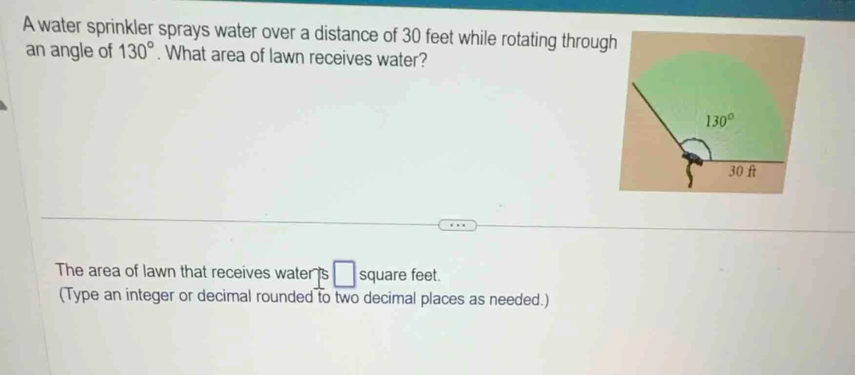 a water sprinkler sprays water over a distance of 30 feet while rotatin…