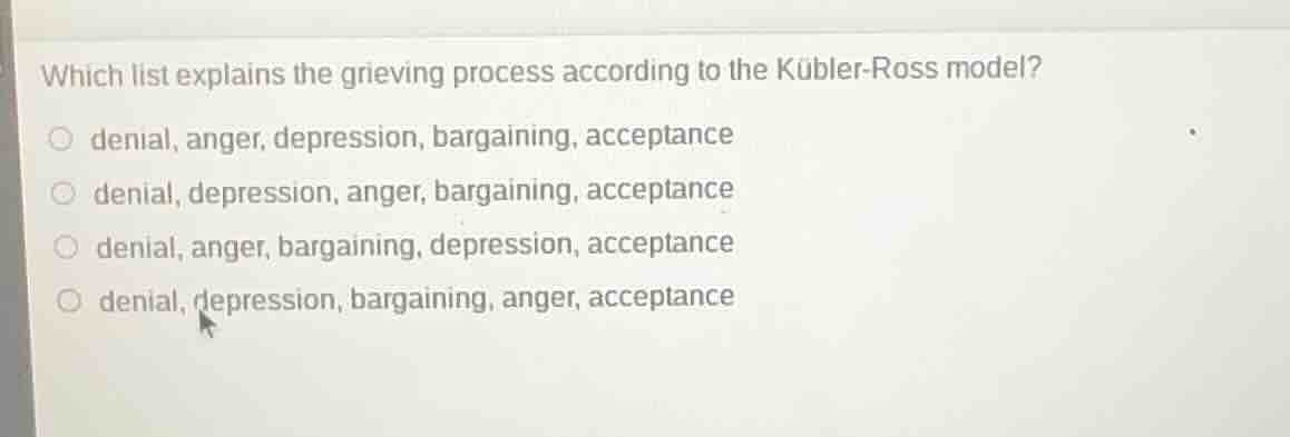 which list explains the grieving process according to the kübler-ross m…
