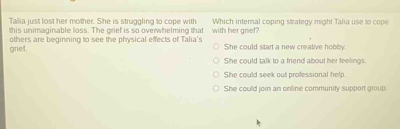 talia just lost her mother. she is struggling to cope with this unimagi…