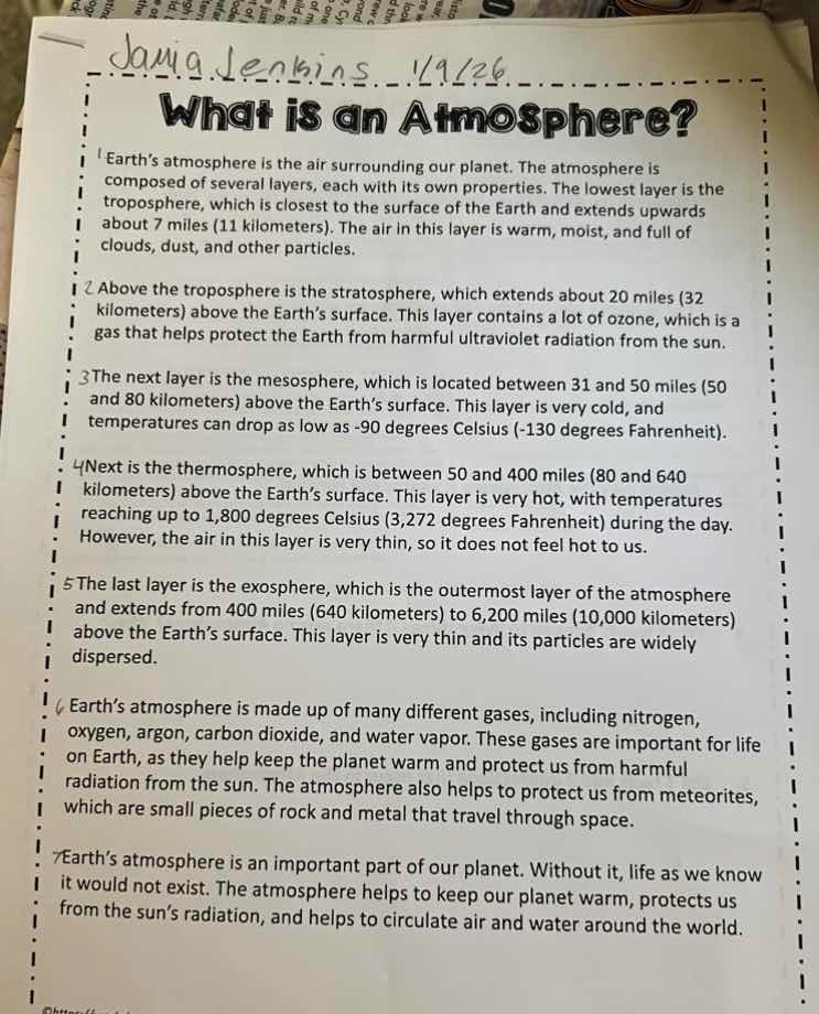 jamia jenkins 1/9/26 what is an atmosphere? 1 earth’s atmosphere is the…