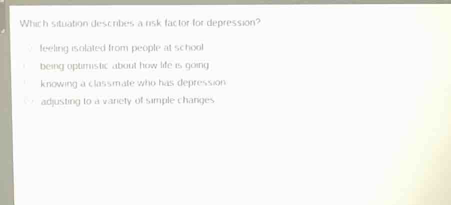 which situation describes a risk factor for depression? - feeling isola…