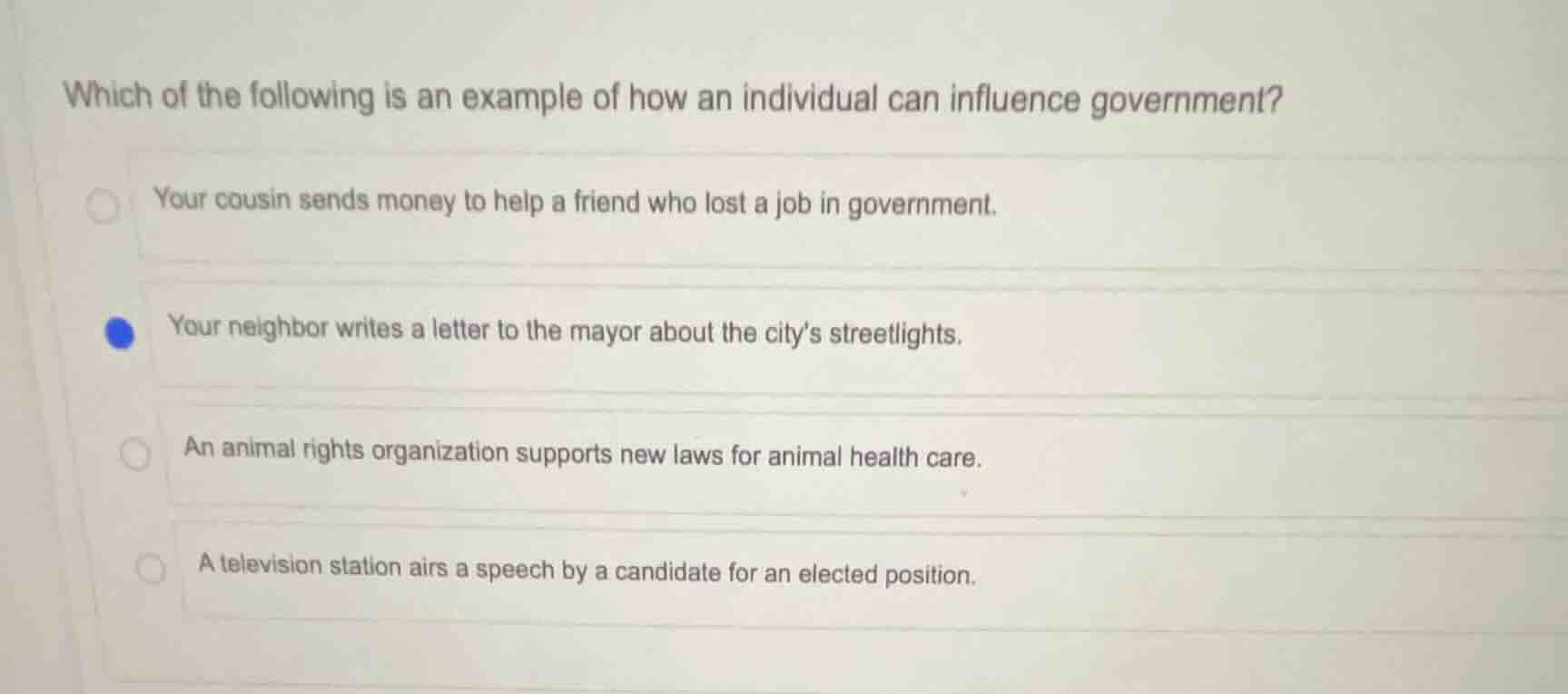 which of the following is an example of how an individual can influence…